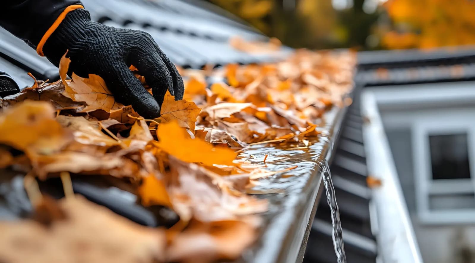 A gloved hand cleans leaves from a gutter