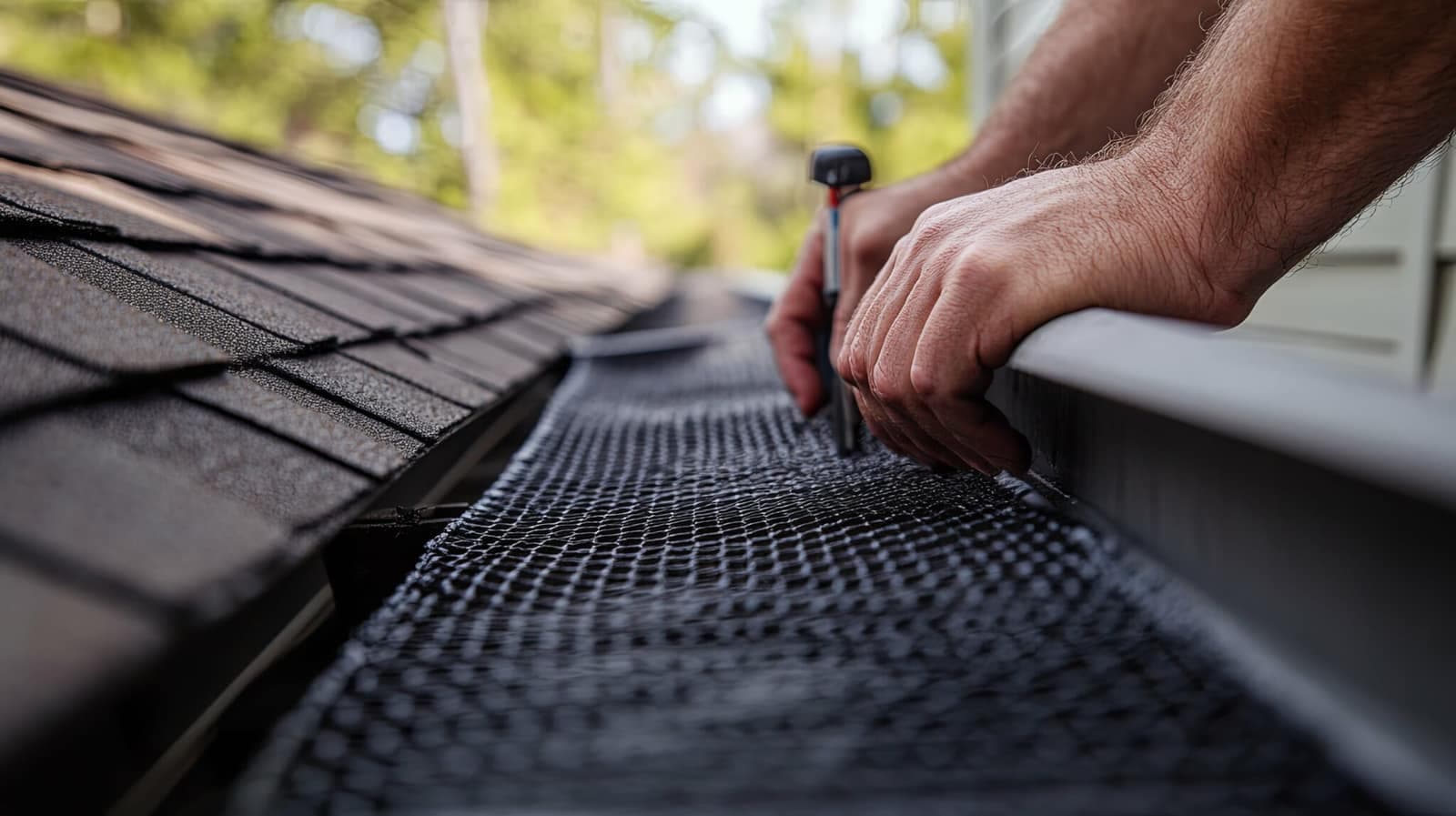 Roofer installing gutter guards on a house