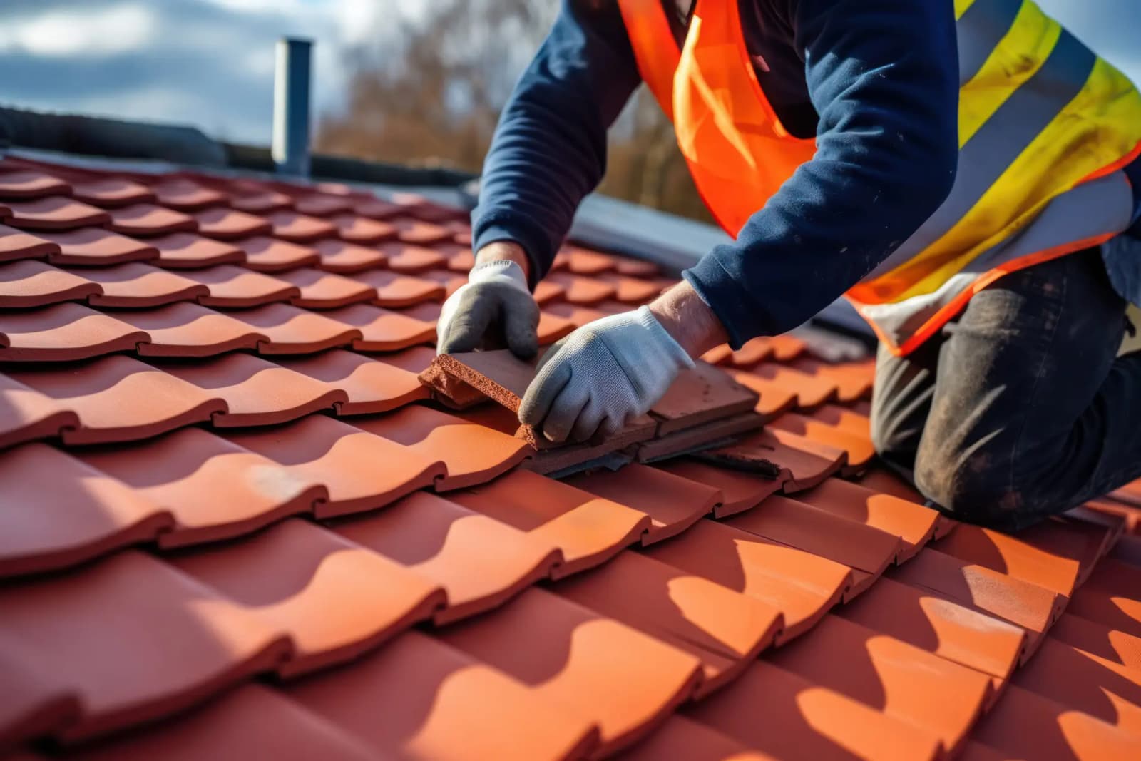 Roofer hands working on roof tiles installation closeup