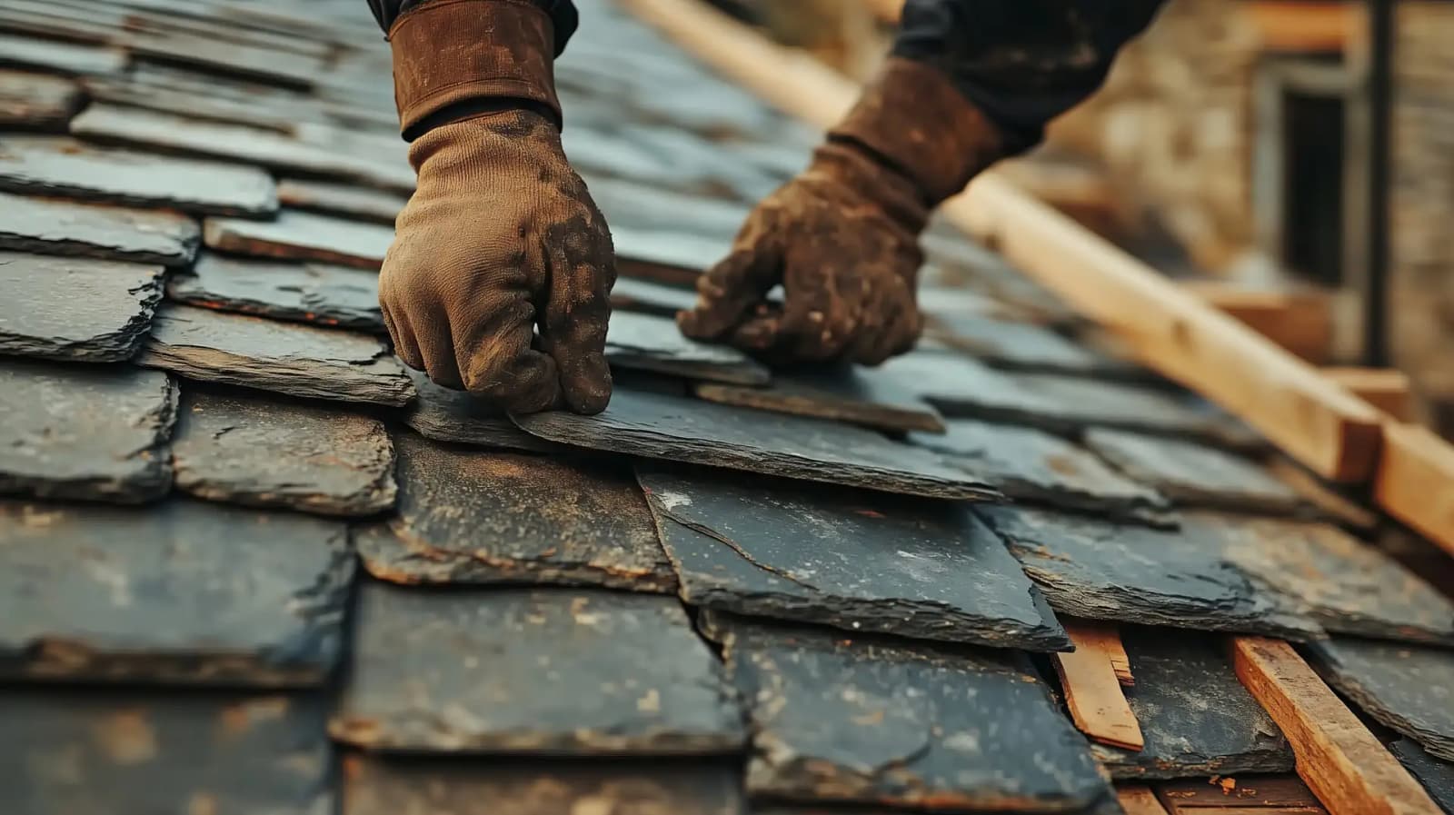 Roofer installing slate roof tiles on house