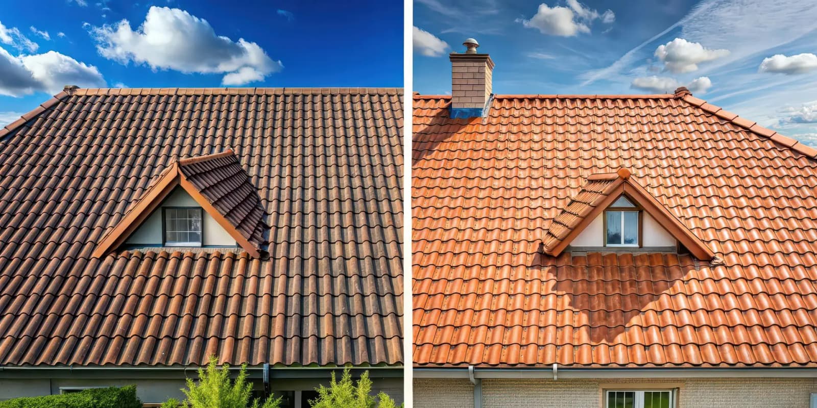 Half cleaned house roof showing before and after effect of roof cleaning