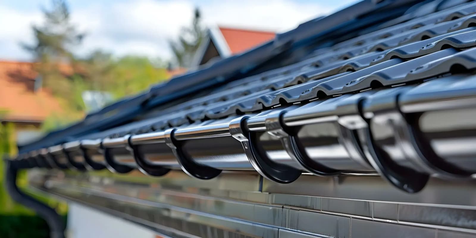 Installation of a black downpipe on a tiled roof with gutter